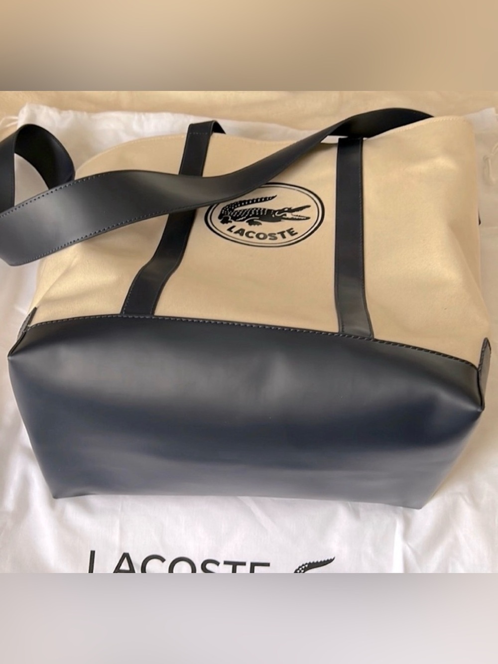 Lacoste Beige and Navy Blue Canvas Tote with Logo